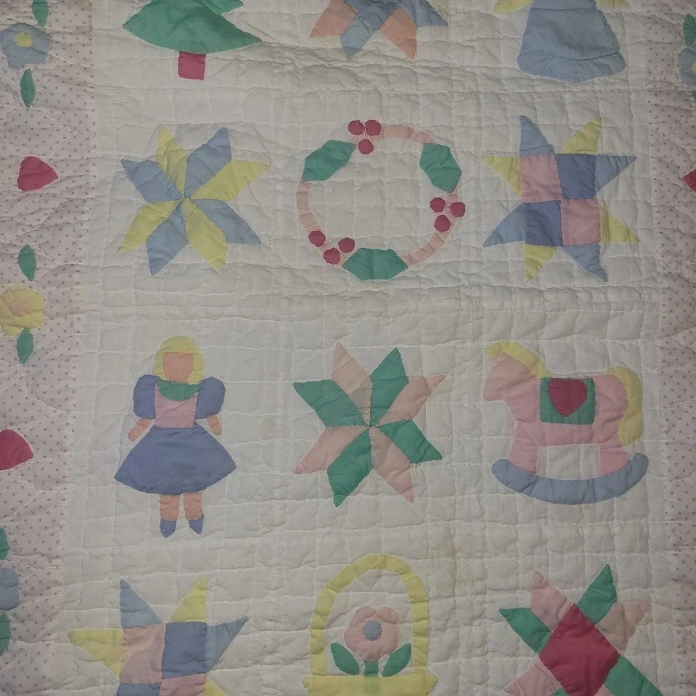 Vtg Handmade Amish Baby Quilt Blanket Irish Chain 8 Point Star Flower Basket